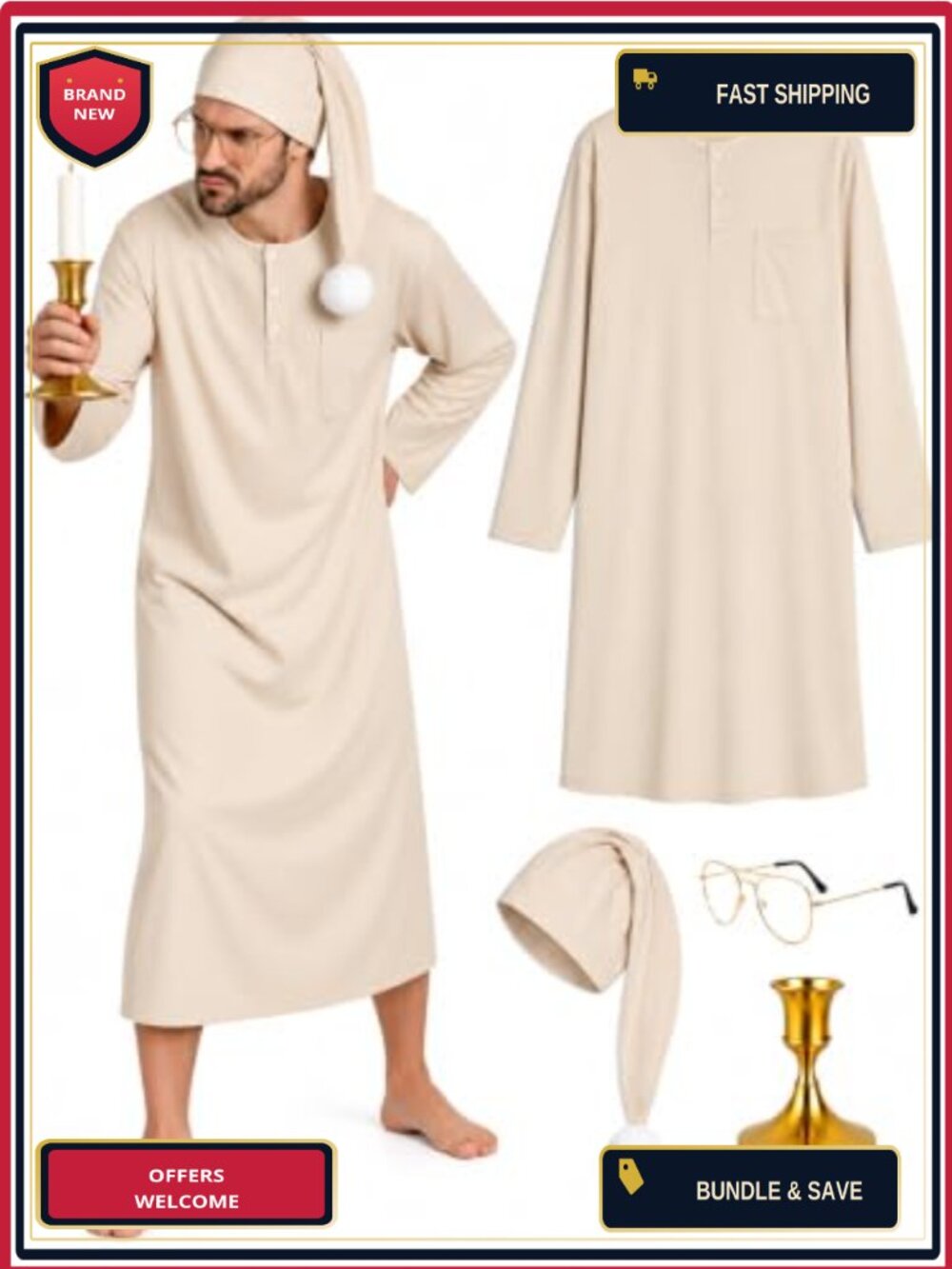 Mens Striped Nightgown Pajama Costume Set Polyester